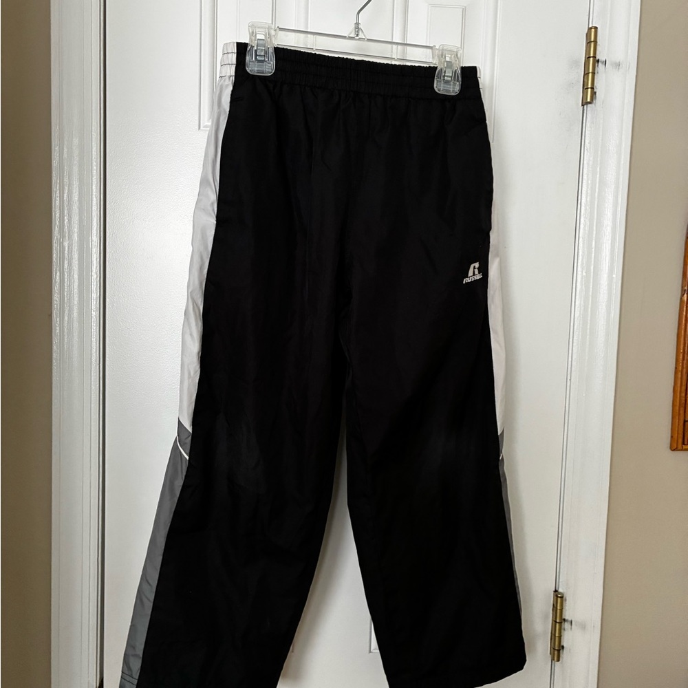 Russell Boys Athletic Black Elastic Waistband Pants With Gray and White Stripes